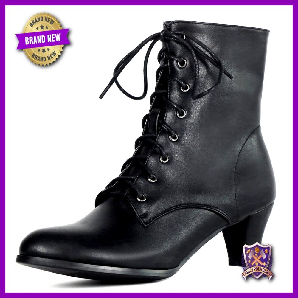 Vintage Victorian Ankle Boots Mid Heel Lace Up Zipper Almond Toe